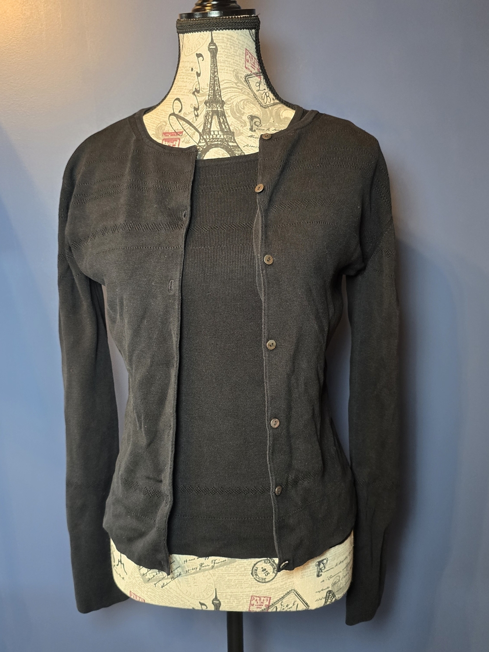 Harold's Silk Cardigan Twinset Womens S Black 2 Piece Sweater Tank Top Y2K